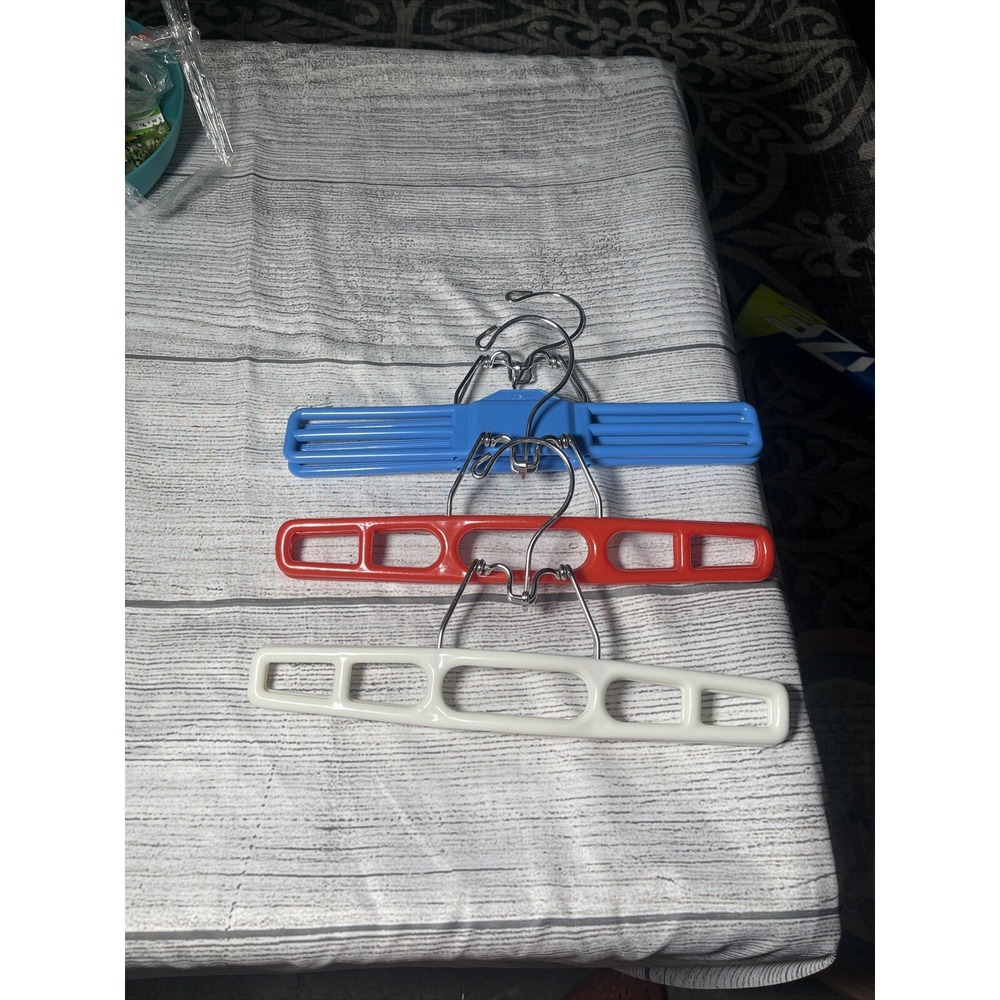 3 Vintage Retro Plastic Clamping Hangers 11" For Pants Skirts Slacks